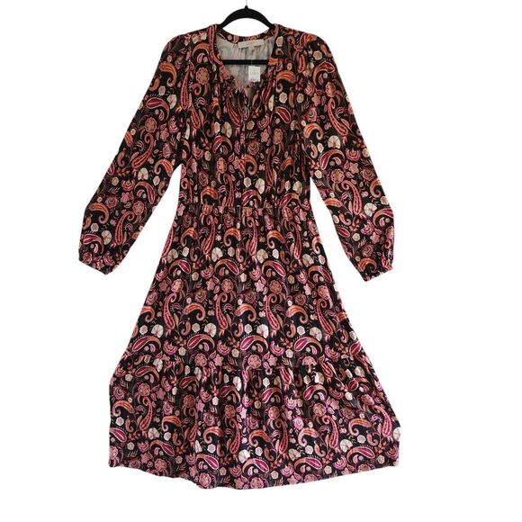 Loft Midi Dress Women Sz L Multicolor Paisley Tiered Tie Neck Long Sleeve Rayon - Picture 2 of 11